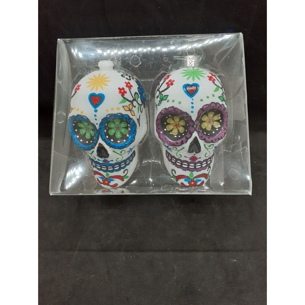 Day of The Dead Sugar Skull-White-Glass Christmas Ornaments (2) NEW